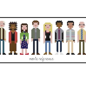 May include: Cross-stitch pattern of eight characters from the movie 'The Breakfast Club'. The characters are a blonde woman, a man with brown hair, a woman with brown hair, a man with brown hair, a man with black hair, a man with brown hair, a man with blonde hair, and a man with black hair. The characters are all standing in a row and are wearing different outfits. The text 'movie reference' is below the characters.