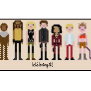 May include: Cross-stitch pattern featuring a group of eight pixelated characters, including a furry creature, a person with dreadlocks, a woman with blonde hair, a man with dark hair, a woman with dark hair, a man with blonde hair, and a woman with a crown. The text "let's bring it!" is below the characters.