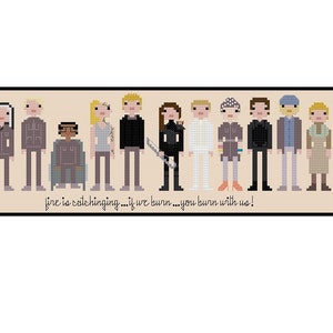 May include: Cross-stitch pattern featuring 10 characters from the TV show 'Game of Thrones'. The characters are depicted in a pixelated style, with the text 'fire is catching... if we burn... you burn with us!' at the bottom.