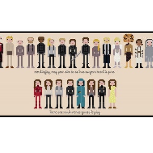 May include: Cross-stitch pattern featuring characters from the Hunger Games movie series. The pattern includes Katniss Everdeen, Peeta Mellark, Gale Hawthorne, Haymitch Abernathy, and President Snow. The text "mockingjoy, may your sim be as true as your heart is pure" and "there are much worse games to play" is included in the pattern.