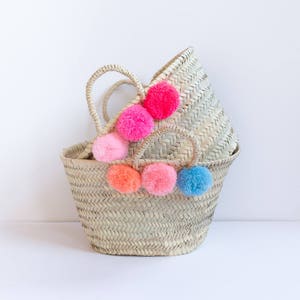 Mini Pom Pom Beach Bag, Straw Bag, Nursery Basket, Woven Straw Basket, Easter Basket, Toy Storage, Seagrass Basket, Girl's Room Decor image 2