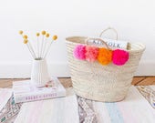 Pom Pom Bag, Beach Bag, Nursery Decor, Pom Pom Basket, Bridesmaids Gift, Market Straw Tote, Toy Storage, Kids Decor, Storage, Market Bag