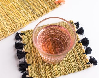 SECOND SALE Tassel Coasters Set of 2, Handwoven Rattan Coasters, Natural Coasters, Boho Decor, Moroccan Decor, Rustic Placemats