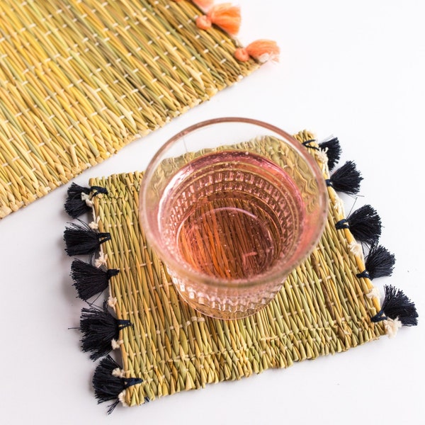 Tassel Coasters Set of 2, Handwoven Rattan Coasters, Natural Coasters, Boho Decor, Moroccan Decor, Rustic Placemats, Pompom Coasters