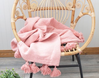 Pink Moroccan Wool Pom Pom Blanket, Wool Throw, Berber, Bohemian, Bedding, Winter Blanket, Wool Blanket, Pom Poms, Boho Blanket, Bed Cover