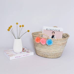 Mini Pom Pom Beach Bag, Straw Bag, Nursery Basket, Woven Straw Basket, Easter Basket, Toy Storage, Seagrass Basket, Girl's Room Decor image 1