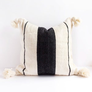 Handwoven Striped Wool Pom Pom Pillow: Moroccan Boho Decor