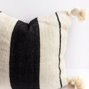 Black and White Striped Pillow, Cream Wool Pillow, Pom Pom Pillow, Neutral Pillow, Oversized Pillow, Nursery Decor, Boho Pillow, Kids Decor image 2