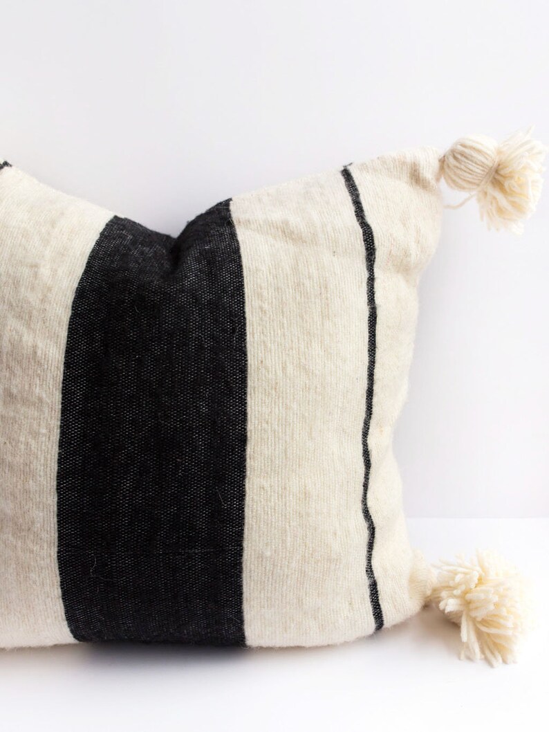 Black and White Striped Pillow, Cream Wool Pillow, Pom Pom Pillow, Neutral Pillow, Oversized Pillow, Nursery Decor, Boho Pillow, Kids Decor image 2