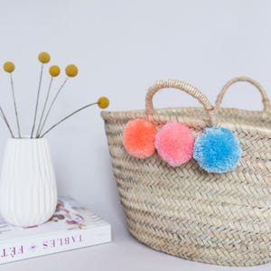 Mini Pom Pom Beach Bag, Straw Bag, Nursery Basket, Woven Straw Basket, Easter Basket, Toy Storage, Seagrass Basket, Girl's Room Decor coral/pink/blue