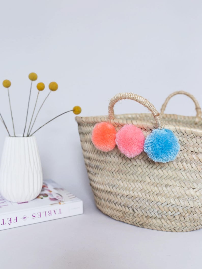 Mini Pom Pom Beach Bag, Straw Bag, Nursery Basket, Woven Straw Basket, Easter Basket, Toy Storage, Seagrass Basket, Girl's Room Decor coral/pink/blue