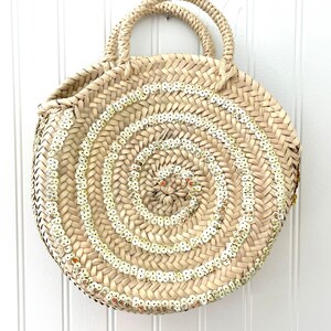 Round Straw Bag with Sequins, Round Straw Bag, Woven Straw Basket, Sequins Purse, Boho Purse, Beach Purse, Beach Bag image 2