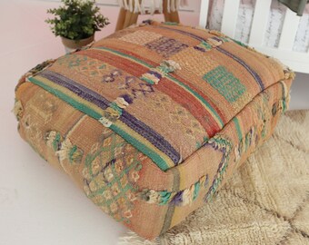Vintage Beni Ourain Wool Pouf: Moroccan Berber Floor Cushion