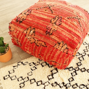 Vintage Moroccan Beni Ourain Pouf, Berber Pouf, Floor Cushion, Large Floor Pillow, Floor Cushion, Boho Pillow, Wool Footstool, Wool Ottoman