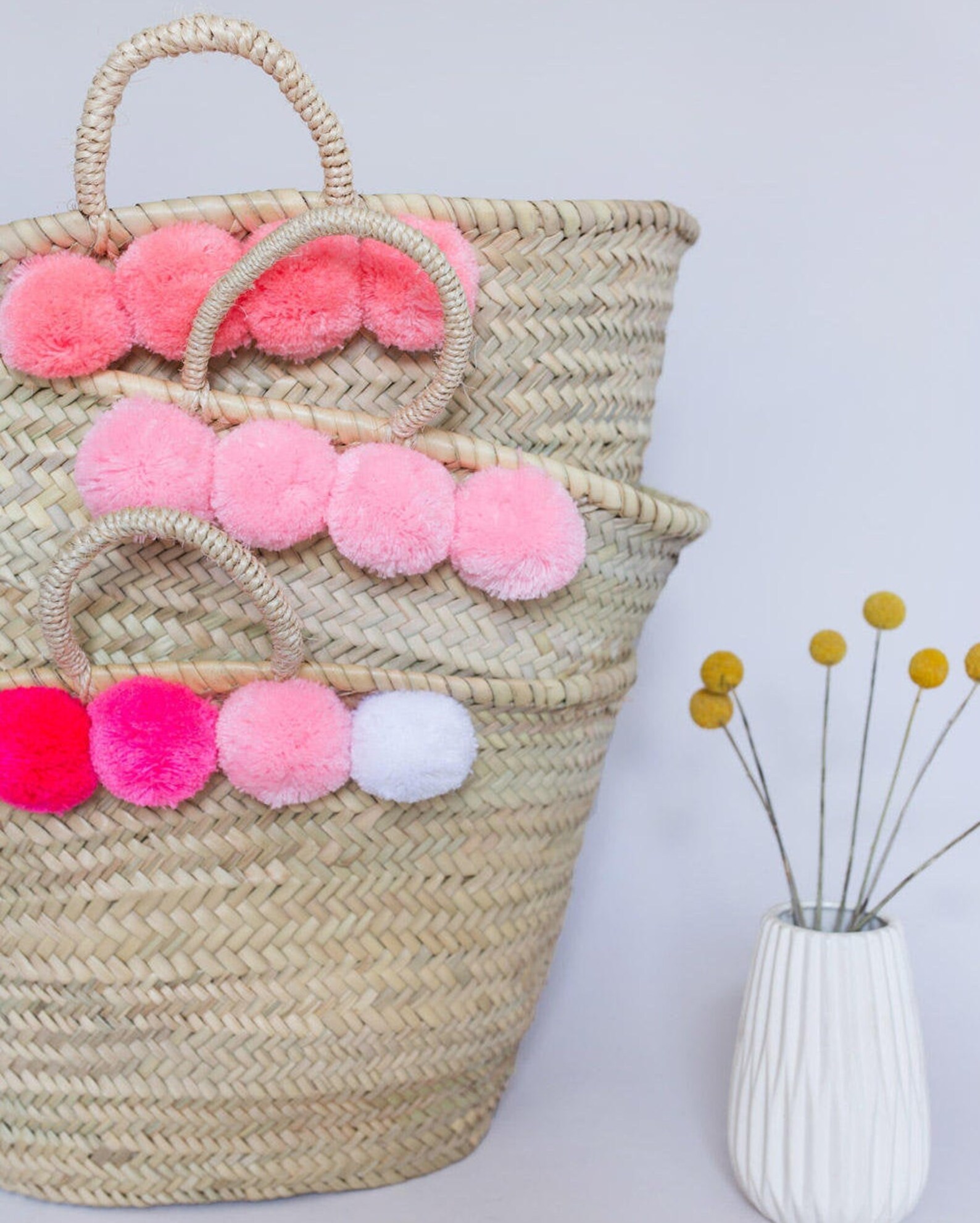 Pom Pom Bag Beach Bag Nursery Storage Woven Natural Straw Etsy