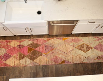 Vintage Boucherouite Rug, Kitchen Runner, long hallway runner, wool runner, geometrical tribal runner