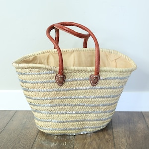 Sequin Straw Bag - Silver or Golden Sequin lines, Handwoven Straw Basket w\ Leather Handles, Sequin Beach Bag, Silver Gold Sequin Market Bag