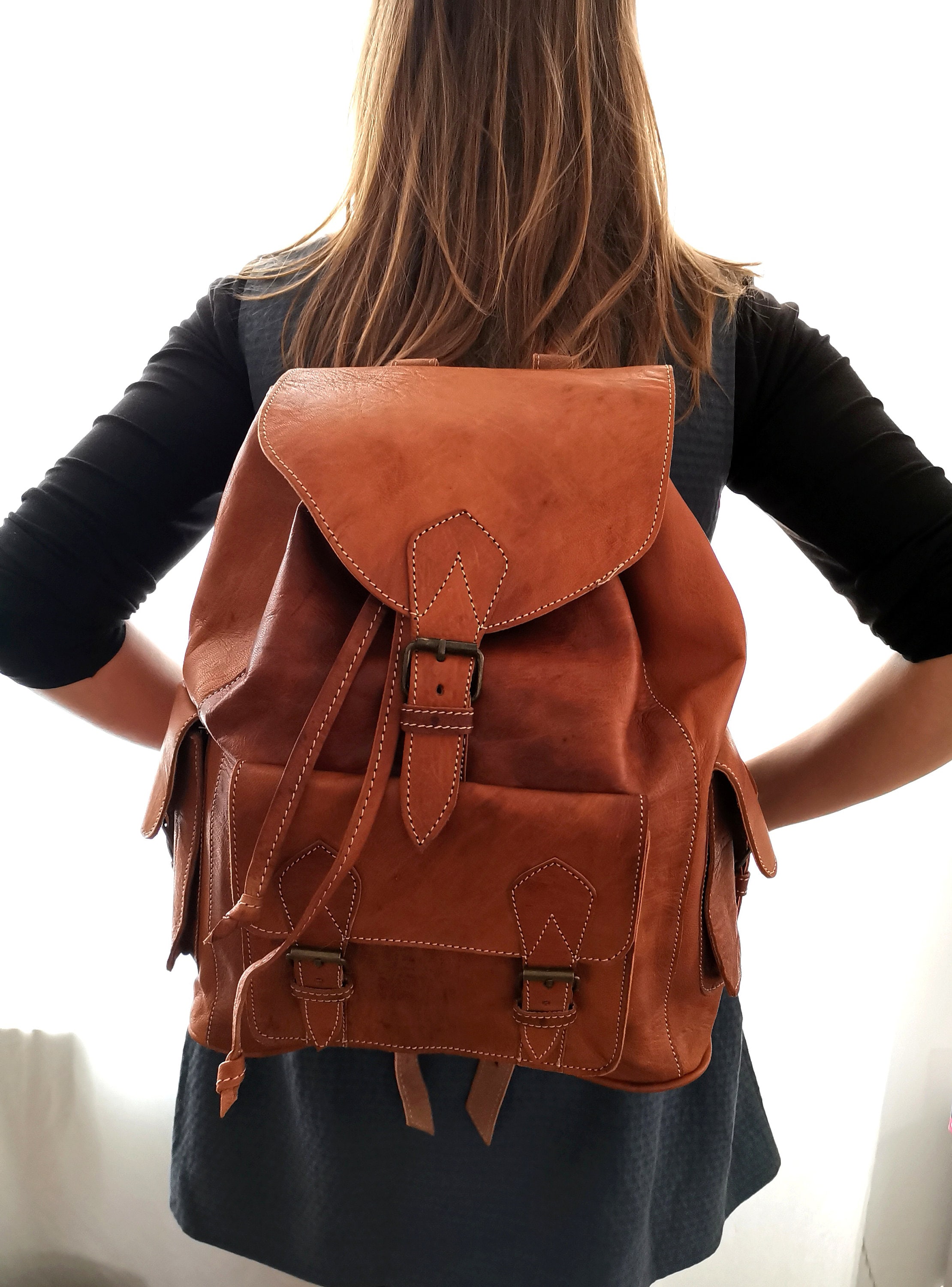 Vintage Handmade Brown Soft Leather Flap Backpack Rucksack Country Boho Hippie Shop Our Collection of Vintage Handmade Jacquard Leather  main image 3