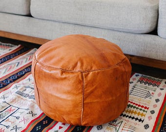 Round Geniune Leather Pouf