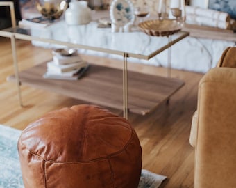Round Geniune Leather Pouf