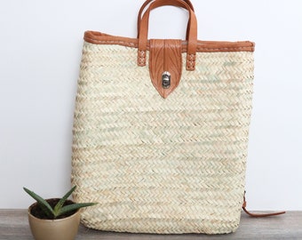 The "Autumn" straw and leather backpack, palm leaves, natural leather backpack, woven straw bag, handmade, genuine leather