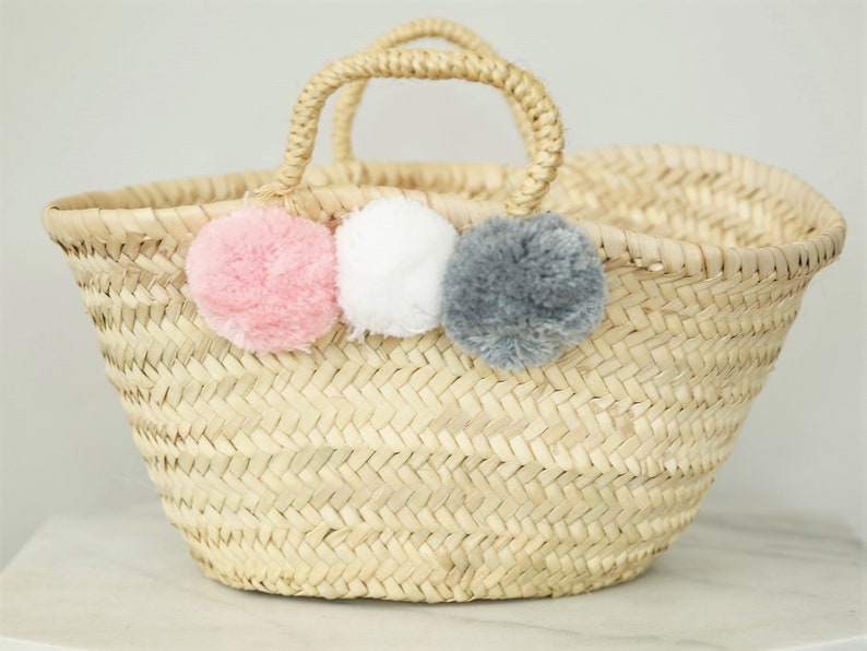 Mini Pom Pom Beach Bag, Straw Bag, Nursery Basket, Woven Straw Basket, Easter Basket, Toy Storage, Seagrass Basket, Girl's Room Decor pink/white/grey