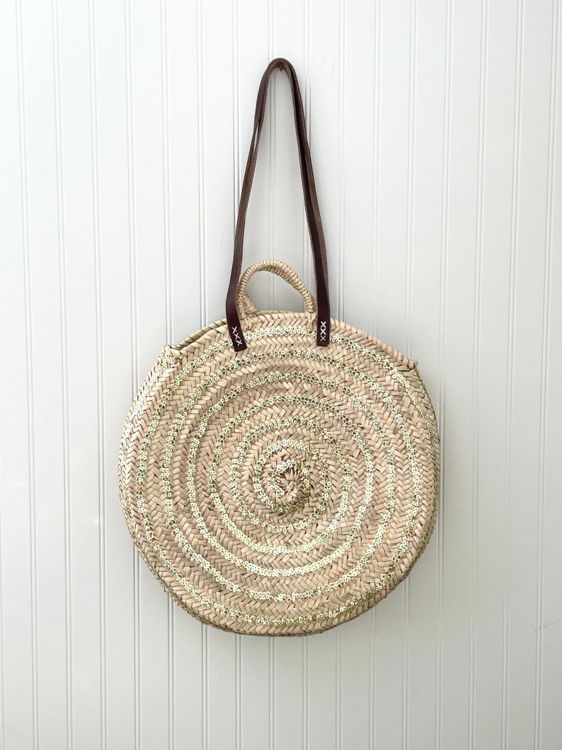 Round Straw Bag with Sequins, Round Straw Bag, Woven Straw Basket, Sequins Purse, Boho Purse, Beach Purse, Beach Bag image 7