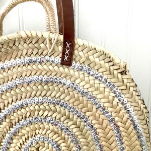 Round Straw Bag with Sequins, Round Straw Bag, Woven Straw Basket, Sequins Purse, Boho Purse, Beach Purse, Beach Bag image 3