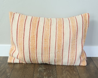 Handwoven Orange Striped Wool Lumbar Pillow: Moroccan Boho Decor