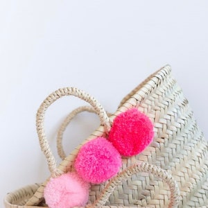 Mini Pom Pom Beach Bag, Straw Bag, Nursery Basket, Woven Straw Basket, Easter Basket, Toy Storage, Seagrass Basket, Girl's Room Decor shades of pink