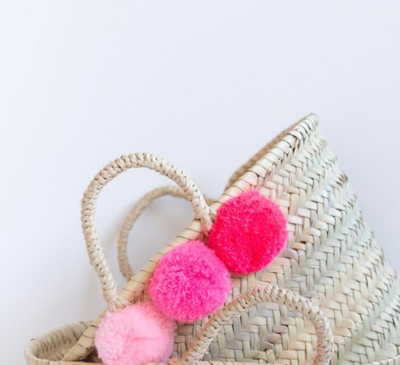 Mini Pom Pom Beach Bag, Straw Bag, Nursery Basket, Woven Straw Basket, Easter Basket, Toy Storage, Seagrass Basket, Girl's Room Decor shades of pink