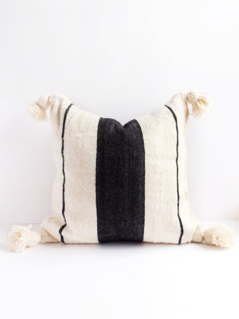 Black and White Striped Pillow, Cream Wool Pillow, Pom Pom Pillow, Neutral Pillow, Oversized Pillow, Nursery Decor, Boho Pillow, Kids Decor image 1