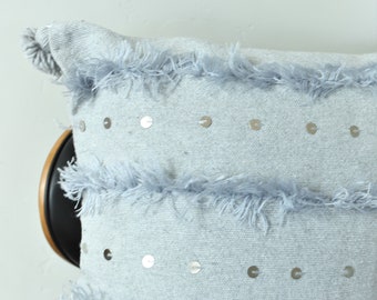 Grey Sequin Pillow: Handmade Moroccan Fringe Pompom Throw