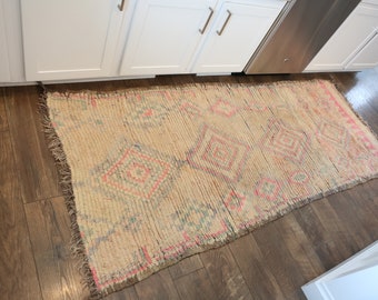 Vintage Boucherouite Rug, Kitchen Runner, Wool Hallway Runner, Faded Runner,