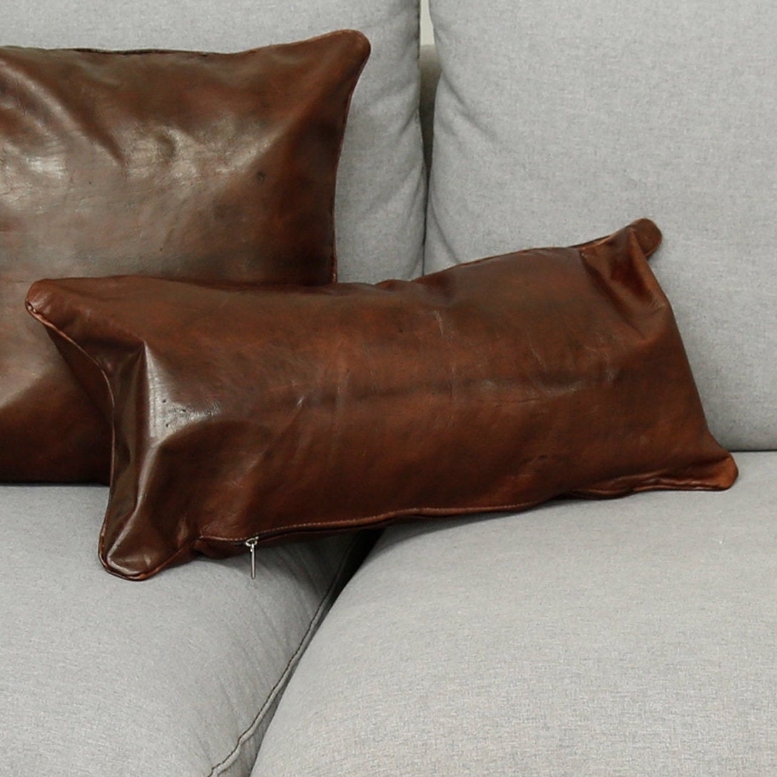 Dark Brown Leather Lumbar Pillow Bohemian Decorative Pillow Etsy