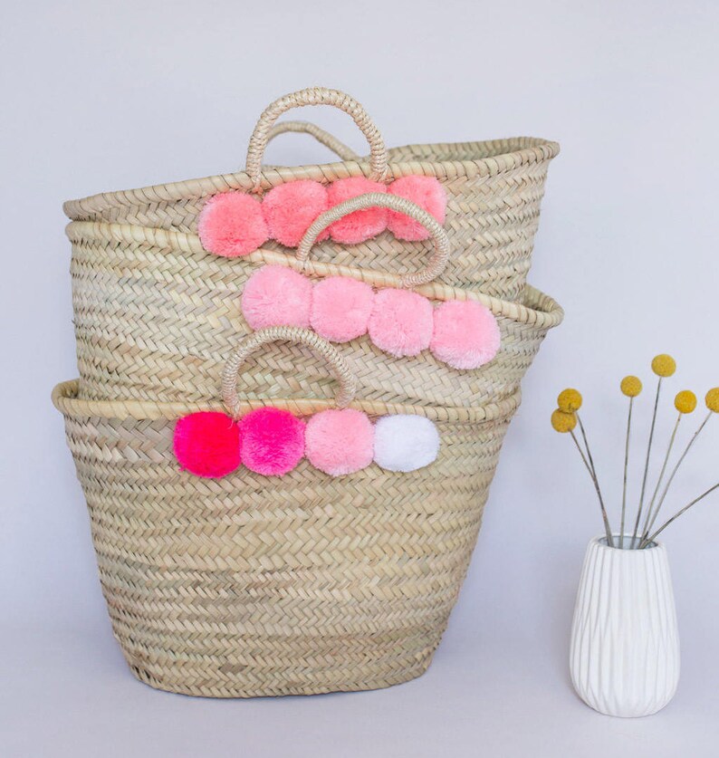 Pom Pom Bag Beach Bag Nursery Storage Woven Natural Straw Etsy