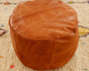 Moroccan Leather Ottoman: Cognac Genuine Leather Pouf Footstool
