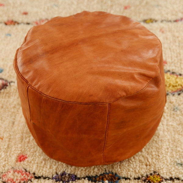 Moroccan Leather Ottoman, Geniune Leather Footstool, Round Pouf, Floor Cushion, Leather Pillow, Boho Pillow, Leather Ottoman