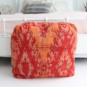Vintage Moroccan Beni Ourain Pouf, Pink and Orange Berber Pouf, Floor Cushion, Footstool, Large Boho Pillow, Decorative Pillow, Pink Ottoman