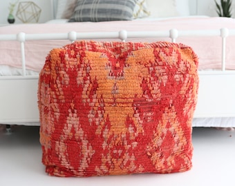Vintage Moroccan Beni Ourain Wool Pouf: Pink & Orange Berber Floor Cushion