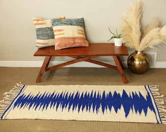 Blue Zebra - handwoven natural cream and blue kilim runner, flatweave rug, bright blue kid's room rug, fairetrade rug