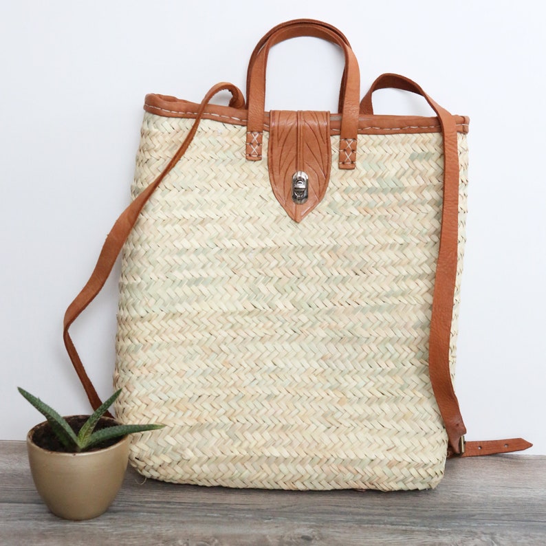 Straw Rucksack Handwoven Straw Backpack: Moroccan Palm Leaf & Leather - Etsy