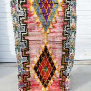 Fluffy Vintage Boucherouite Rug, The Ruby, Rag Rug, Runner Rug, Berber Rug, Geometric Rug, Pink Rug, Pastel Rug, Bohemian Runner, 3ft9ft image 1