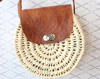 Round Leather Straw Purse: Handwoven Moroccan Boho Bag
