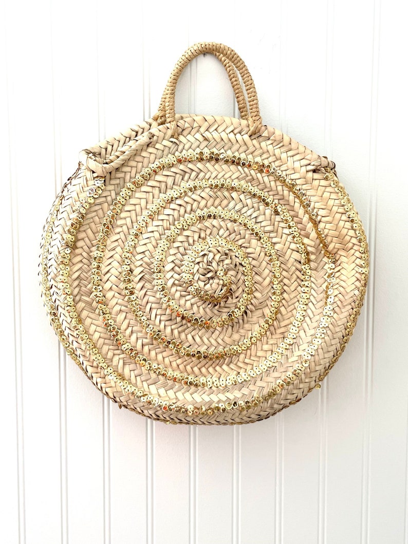 Round Straw Bag with Sequins, Round Straw Bag, Woven Straw Basket, Sequins Purse, Boho Purse, Beach Purse, Beach Bag image 1