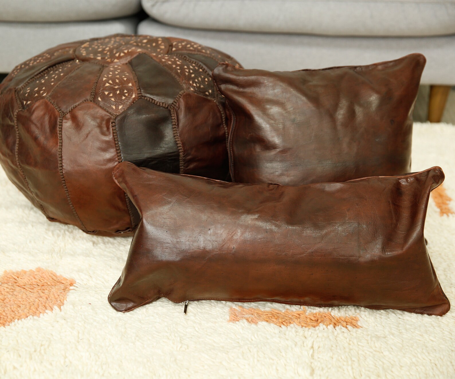 Dark Brown Leather Lumbar Pillow Bohemian Decorative Pillow Etsy