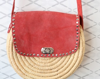 Red Leather Suede Straw Purse