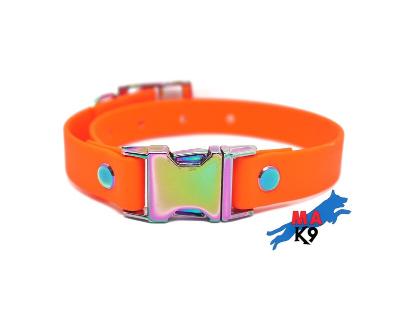 Puede incluir: Collar de perro de goma naranja con una hebilla arco&iacute;ris iridiscente. El collar tiene dos peque&ntilde;os puntos azules a cada lado de la hebilla.