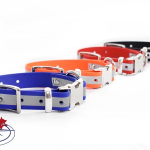 Puede incluir: Cuatro collares para perros en diferentes colores: azul, naranja, rojo y negro. Cada collar tiene una hebilla plateada y una tira reflectante.