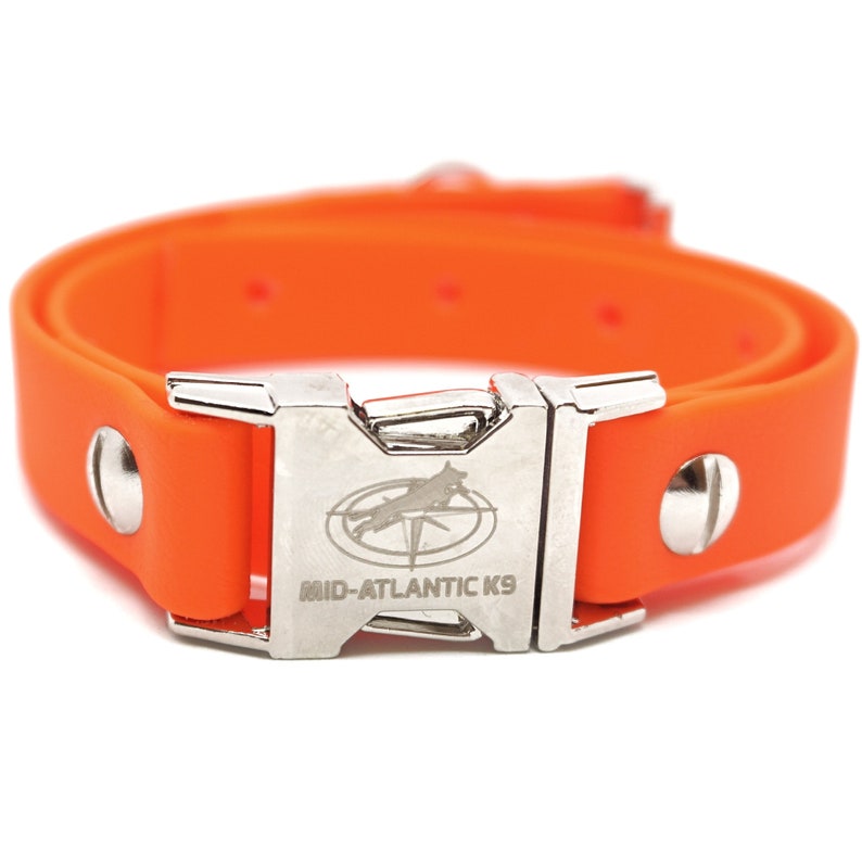 Puede incluir: Collar de perro naranja con una hebilla plateada. La hebilla tiene el texto "MID-ATLANTIC K9" y un logotipo de un perro corriendo con una br&uacute;jula.